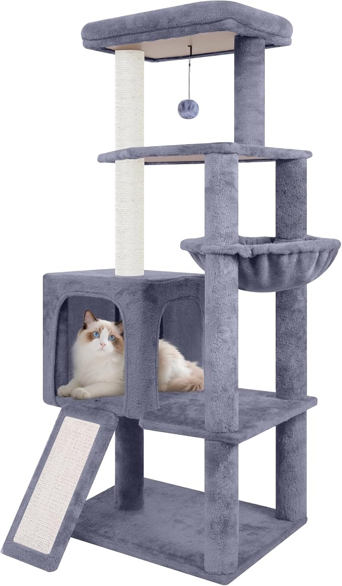 TWDEPART 55" All-in-One Cat Tree Tower with Scratching Board & Posts Cozy Sleeping Perch Hammock and Toy Balls,Grey