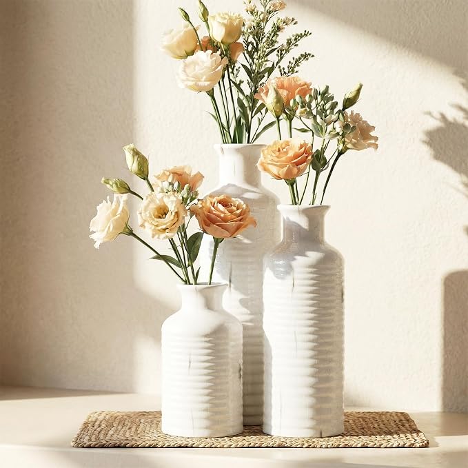 Firehold Crackle Glaze Ceramic Vase Set of 3, Decorative Flower Vases | Rustic Farmhouse & Boho Home Decor for Tables, Shelves & Mantels, Waterproof for Fresh & Dried Florals