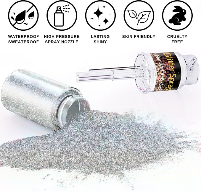 Hair and Body Glitter Spray, 1PC Silver Glitter Hairspray Dry Powder Makeup for Clothes, Festival Rave Prom Loose Sparkle Powder,Holographic Ultra Fine Resin Glitters for Crafts (1PC Silver)