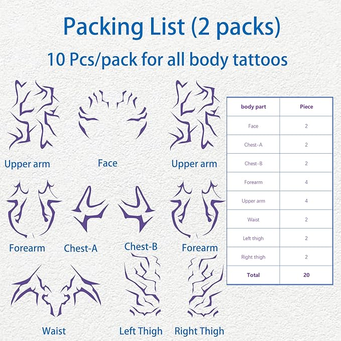Rumi Tattoos Body Set–10 Purple Pieces per Pack (1 Face, 2 Chest, 2 Upper Arm, 2 Forearm, 1 Waist, 2 Thighs Symmetrical), Temporary Body Tattoos, Waterproof & Skin-Safe (Purple, 2 Pack)
