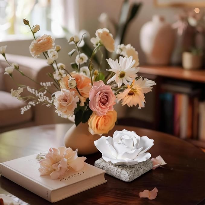 Ceramic Passive Essential Oil Diffuser, Aesthetic Desktop Handmade Flower & Concrete Base, Porcelain Aromatherapy Oils Diffuser for Home, Office, Yoga, Spa Room (White Rose)