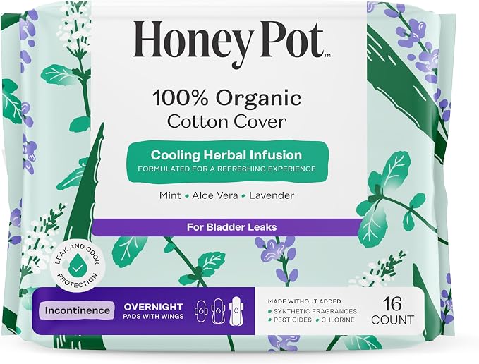 The Honey Pot Company - Herbal Pads for Women - Organic Incontinence Overnight w/Wings - Infused w/Essential Oils for Cooling Effect - Postpartum Essentials - Feminine Care - 16 ct