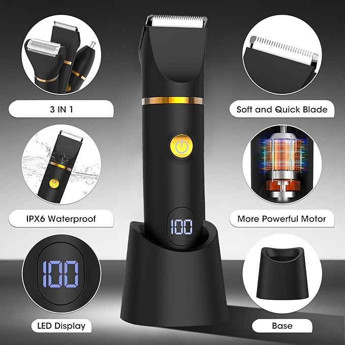 Zesuti Manscape Body Hair Trimmer for Men: Pubic Hair Trimmer, 3 in 1 Versatile Electric Shaver for Groin,Face,Beard,Nose,Waterproof Body Groomer with Ceramic Blades, Mens Gifts