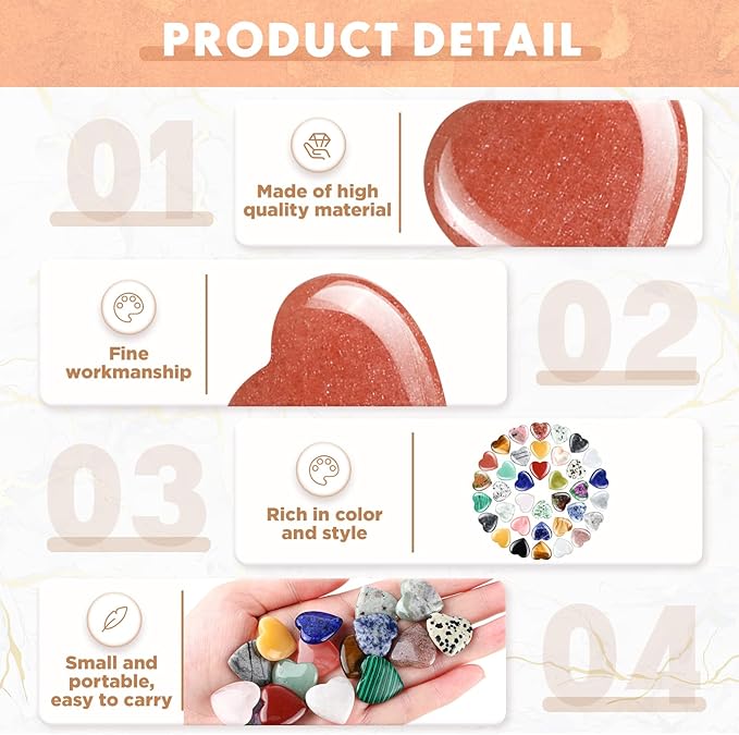 Nuenen 40 Pcs 0.8 Inch Heart Shaped Crystal Valentines Gift Worry Stone Bulk Heart Rock Tiny Trinkets Healing Crystal Gemstone Palm Pocket Love Carved Rock for Mom Women Meditation
