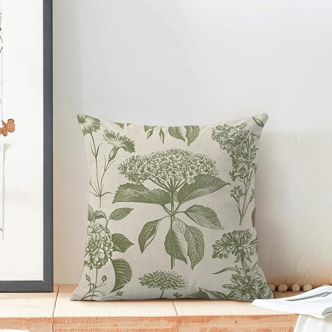 Floral Pillow Covers 16x16 Set of 2 Vintage Sage Green Hydrangea Herbs Botanical Throw Pillow Cover Outdoor Decoration Boho Flower Pillowcase Farmhouse Decorative Cushion Case for Couch Sofa