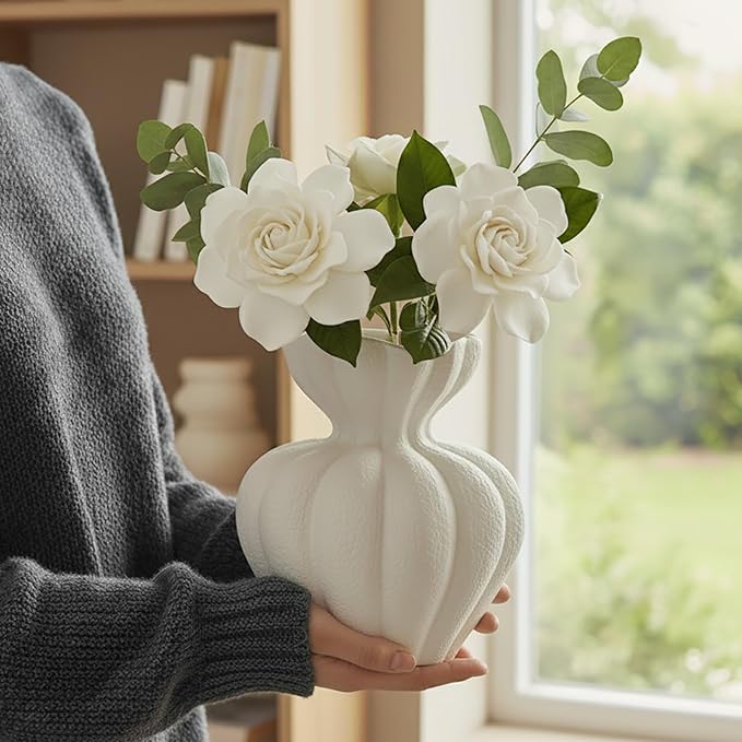 White Ceramic Vase, 8.2 Inch Modern Boho White Flower Vase for Home Decor, Unique Vase for Farmhouse Living Room Cabinet Table Centerpieces Wedding Decorations
