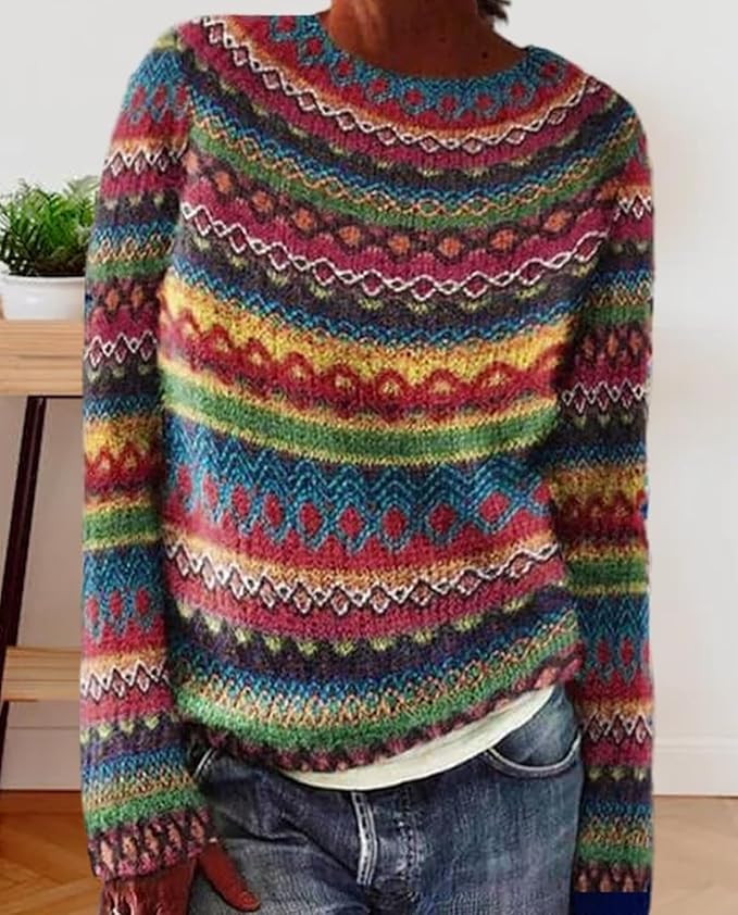 Zhyaj Fair Isle Sweater for Womens Winter Long Sleeve Vintage Knitted Sweater Casual Fall Crew Neck Pullover Sweaters