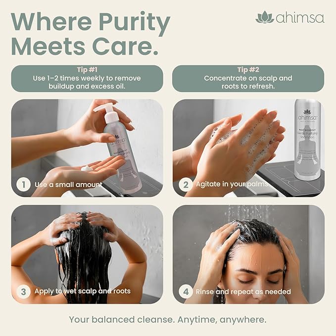 Ahimsa Gentle Purifying Shampoo, Daily Clarifying Shampoo for Dry Hair & All Hair Type with Indian Gooseberry & Willow Bark Extract, Sulfate-Free Scalp Cleanser for Build Up Removal, Spearmint (10 oz)