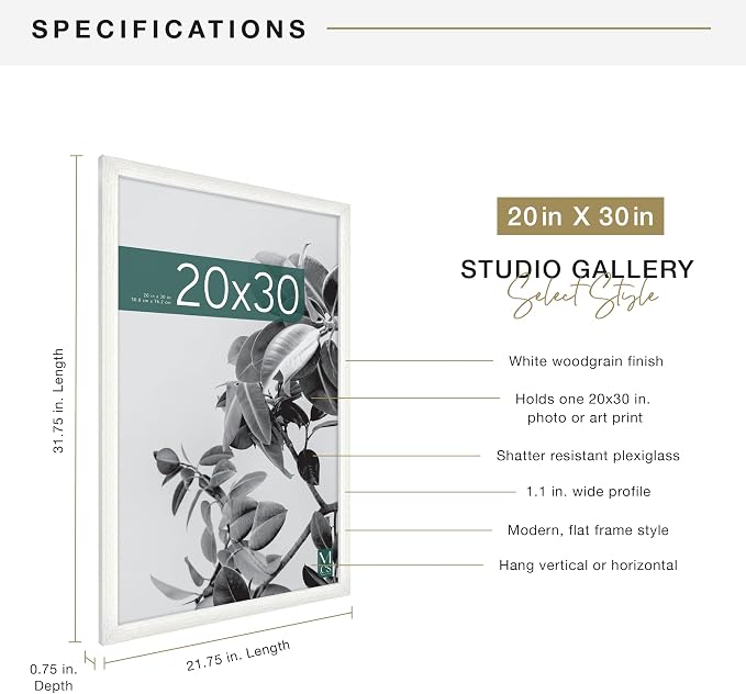 MCS Studio Gallery 20x30 Poster Frame White Woodgrain Engineered Wood, Vertical & Horizontal Wall Hanging Large Picture Frame for Photos, Posters & Art Prints (1-Pack)
