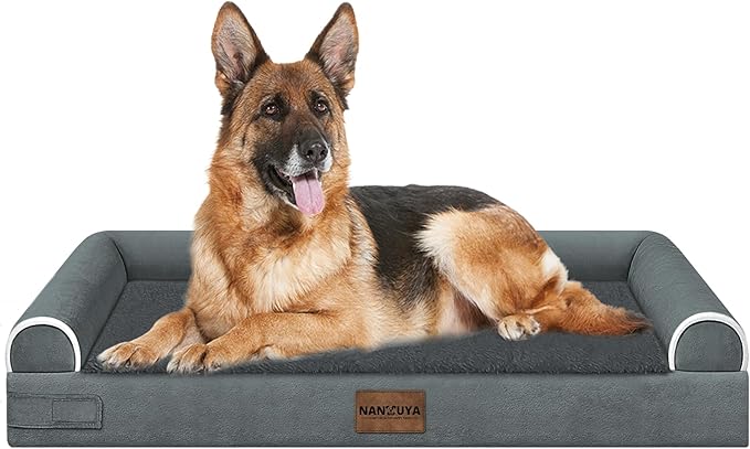 Orthopedic Dog Bed for Jumbo Dogs, 48 x 33 Inch, Dark Grey | Egg crate foam for joint support, 3-sided bolster pet sofa, waterproof lining, washable cover, and non-skid base
