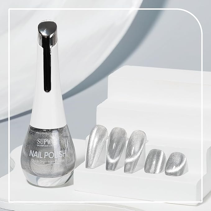 Silver Cat Eye Nail Polish Non Gel Quick Dry Glitter Magntic Nail Polish Cats Eye Toe Fingernail Air Drying Fast Lacquer Manicure Gift For Women Girls 16ml, 0.54fl oz