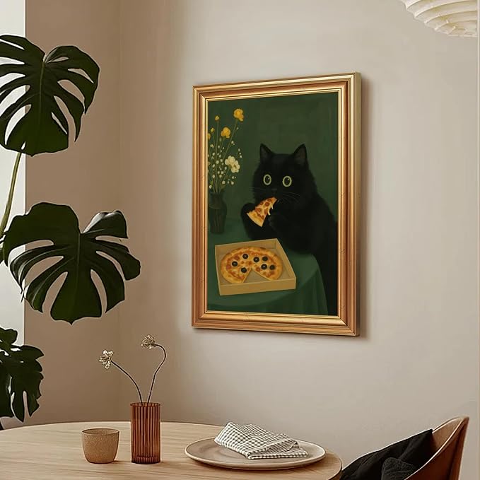 ICHZUMW Gold Framed Funny Black Cat Eating Pizza Canvas Wall Art, 12x16 In | Quirky Cat Print Humorous Animal Kitchen Wall Decor, Dining Room Bedroom Living Room, Fade Resistant, Ready to Hang