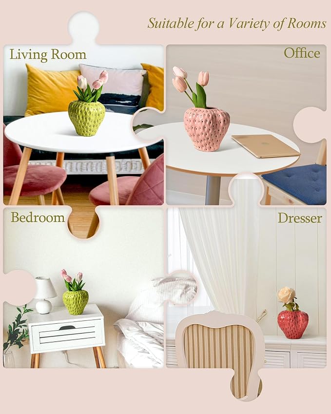 DN DECONATION Pink Strawberry Vase for Flower, Fruit Vase for Party Kitchen | Strawberry Shaped Planter Pot, Unique Ceramic Fruit Vases for Strawberry Office Mantel, Mothers Day Gifts for Mom & Grandma