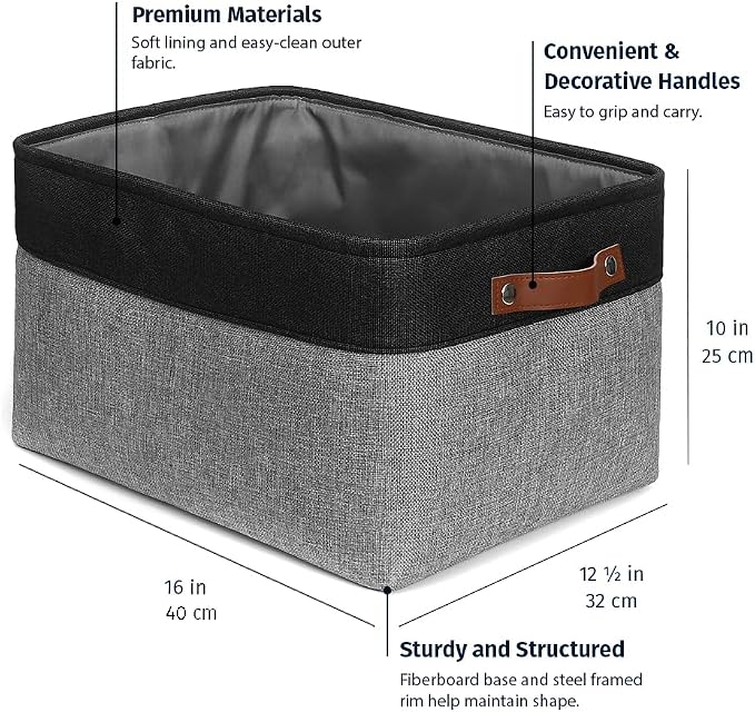 OrganiHaus 16x12.5in Storage Baskets, 3 Pack - Fabric Bins for Shelves | Vegan leather handles; a decorative linen closet organizer, towel and clothes container