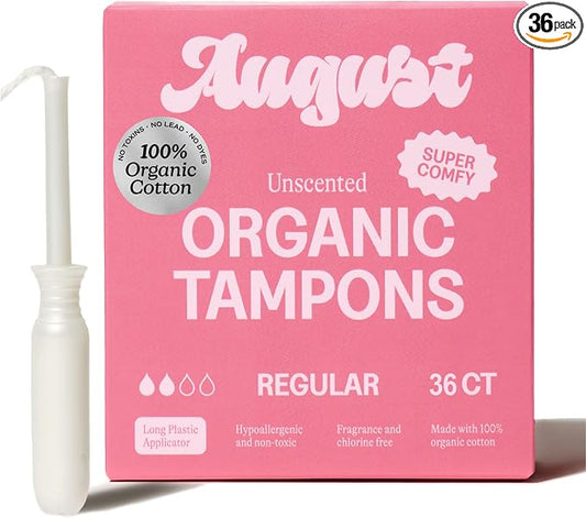 August Regular Tampons - Easy-Glide Long Applicators - 36-Pack 100% Organic Cotton Tampons for Women, Non-Toxic, Fragrance-Free, and Hypoallergenic