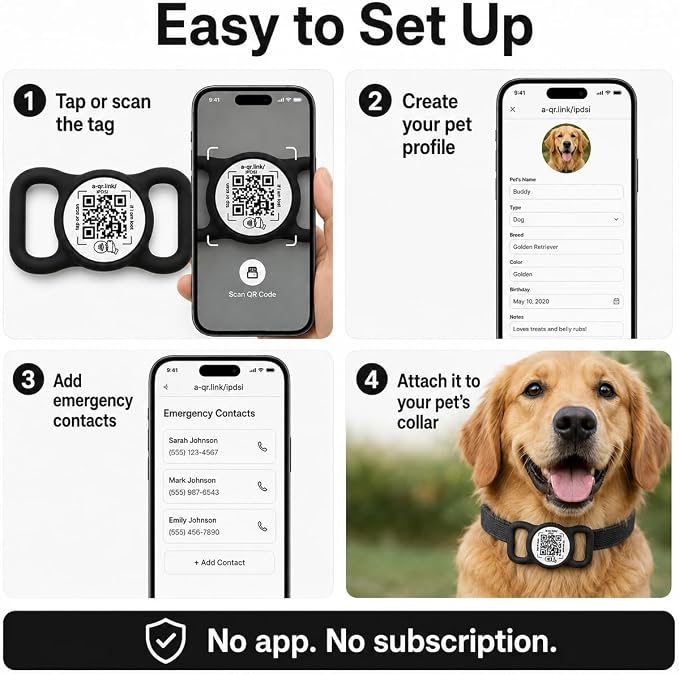 Smart Pet ID Tag for Dog Collar with NFC & QR Code | Silent Silicone Holder, Waterproof & Easy Clean, No App or Subscription, Secure Horizontal Fit, Online Pet Profile