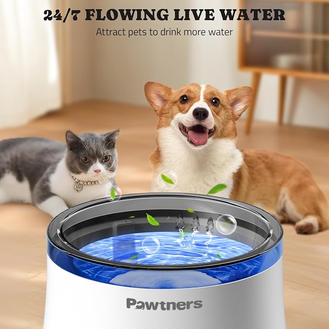 Pawtners 1 Gal/3.5L Dog Water Fountain, Automatic Dog Water Bowl Dispenser | Vortex Flow filter, Automatic Pet Water Fountain for Large Dogs Inside, Deep Drinking Area and Quiet Pump, 6.7" H