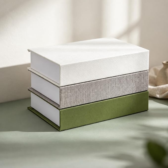 Tioncy 3 Pcs Decor Linen Faux Book Box Set Aesthetic DIY Fake Linen Book Box for Decor Storage Cafe Table Bookshelf Gift Home Keepsake(8.6 x 5.9 x 1.8 Inch,Olive Green)