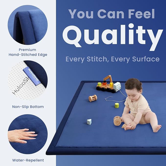 Ultra Soft Baby Play Mat for Floor, 1.3" Thick Elasti-Foam 59x59 Play Mat for Playpen,Water-Repellent Coral Velvet for Tummy Time, Non-Slip Backing,Safe for Toddlers & Infants（Dark Blue）