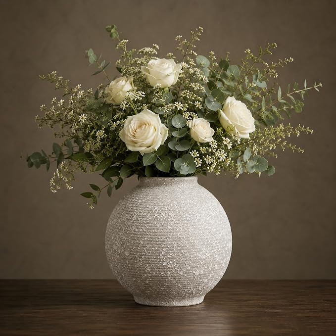 Ceramic Flower Vase, 5.5 Inch Round Textured Vase for Home Decor | Handmade ceramic vase with unique textured design, perfect for living room shelves, tables, centerpieces and farmhouse decor.