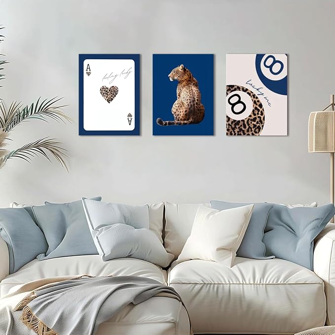 Navy Blue Leopard Canvas Wall Art Set of 3 Cheetah Animal Prints Posters Wall decor Trendy 8 Ball Lucky Me Pictures Aesthetics Artwork for Dormitory Apartment Bedroom Decoration 12x16 Inch Framed
