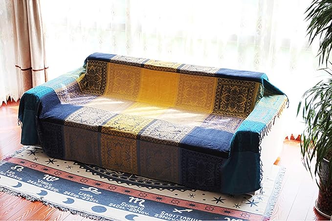 Bohemian Throw Blanket for Couch，Colorful Chenille Tassels Boho Woven Hippie Throw Blankets for Couch Bed Sofa Chair Recliner Loveseat , Bohemian Fringe Tassels Decor Home (Blue, Large 86102Inches)