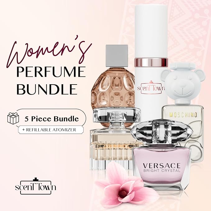 Scentown Mini Perfumes for Women (Set of 5) – Designer Perfume Samples for Women Packed in an Elegant Gift Box – Includes Moschino, Jimmy Choo, Chloé, Versace & Empty Refillable Perfume Atomizer