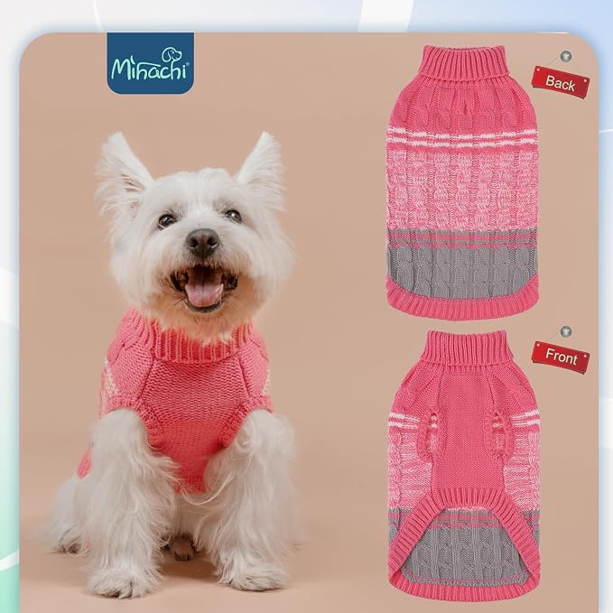 Mihachi Medium Dogs' Pink Turtleneck Sweater - Soft, Warm Knit Dog Coat with Leash Hole for Cold Weather, Fits Large, Cat or Puppy