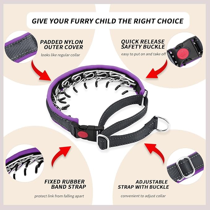Martingale No Pull Dog Collar for Large Medium Small Dogs, Heavy Duty Nylon Reflective Adjustable Anti Pull Slip Collar with Buckle for Training Walking S Black Purple