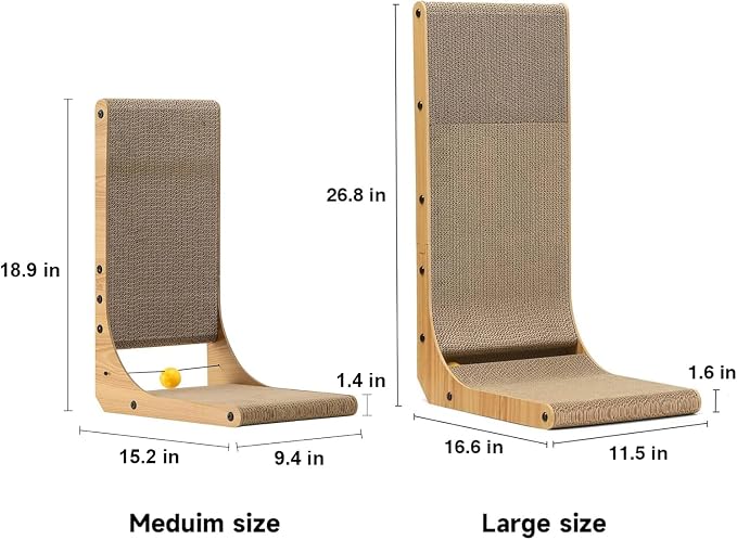 FUKUMARU Cat Scratcher, 18.9 Inch L Shaped Cat Scratch Pad for Indoor Cats | Vertical Cat Scratching Board with Ball Cat Toy, Cardboard Cat Scratcher for Wall Sofa Couch, Kitten Scratching Post