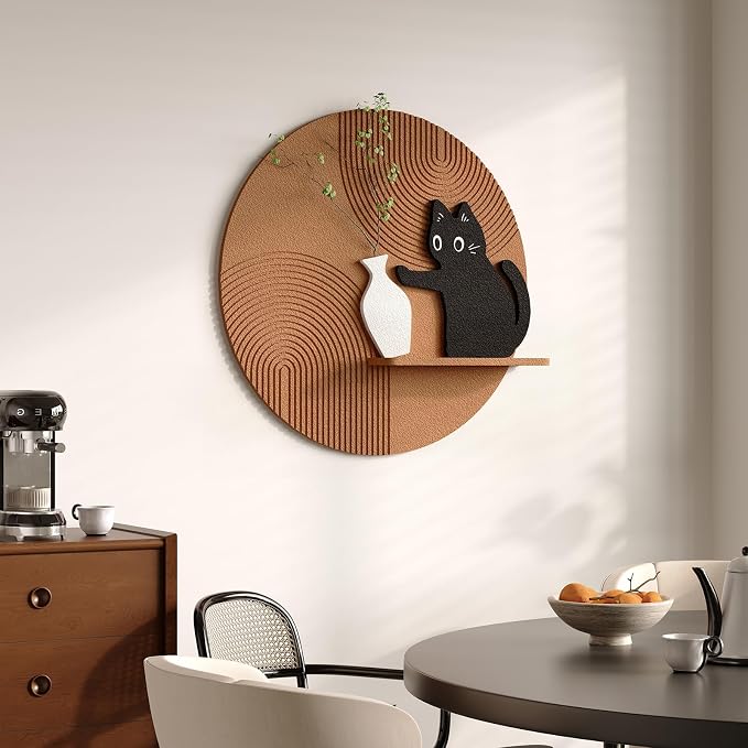 3D Textured Round Cat Wall Art with Shelf, Modern Minimalist Brown Sandstone Texture Artwork for Walls, Black Cat Geometric Wall Art Decor for Living Room, Hallway, Dining Room, Bedroom, Office, 24x24