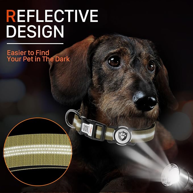 Waterproof AirTag Dog Collar with QR Code Dog Tag, Champagne S | IP68 waterproof, QR code dog tag, Anti-Lost, Online profile, fits XS-L (8"-26"), Padded nylon, Reflective, No App, No Fees