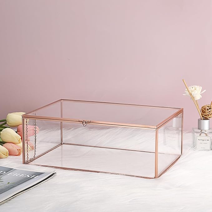 Hipiwe Vintage Glass Box with Lid - Rectangle Jewelry Display Box Vanity Lidded Box Glass Trinket Organizer Rose Golden Decorative Boxes for Keepsakes Perfume,X-Large