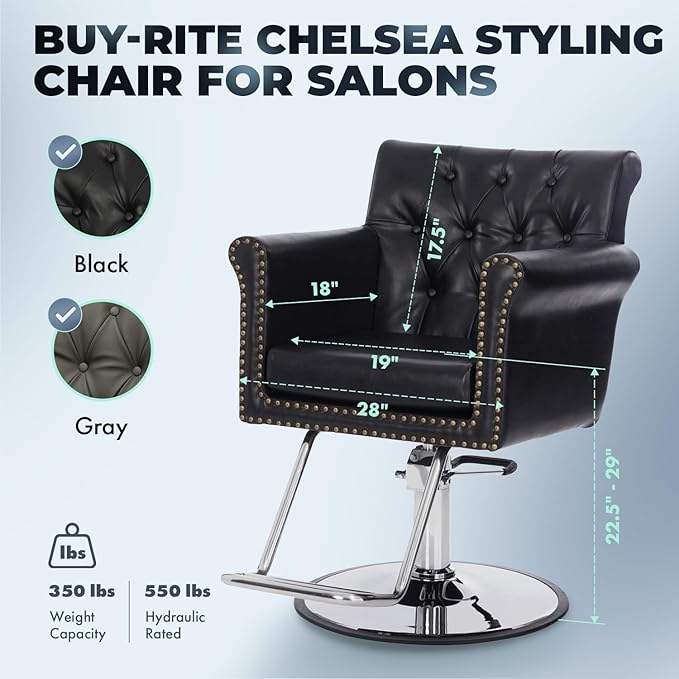 Buy-Rite Chelsea Styling Chair - Black Tufted Salon Chair with Nailhead Trim, 3.5" Removable Cushion, Hydraulic Pump & Padded Arms for Professional Stylists, NIN-9902-BLK