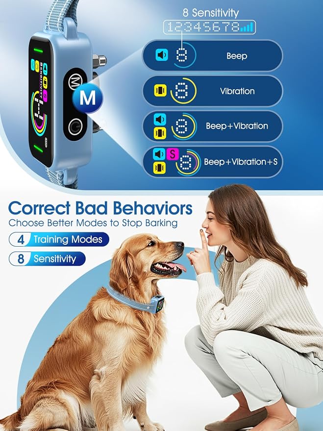 DINJOO Bark Collar for Large Medium Small Dogs - Smart AI 1S Stop Barking, Anti Barking Device & Dog Training Collar with Beep, Vibration & 8-Level Sensitivity, IP67 Waterproof - Paste Blue