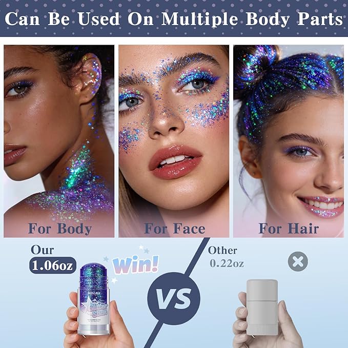 Chameleon Purple Body Glitter Stick, Holographic Fairy Costume Makeup Face Hair Glitter Stick Rave Outfits for Women, Shimmer Face Paint Singer Concert Festival Party Accessories, 1.06 OZ