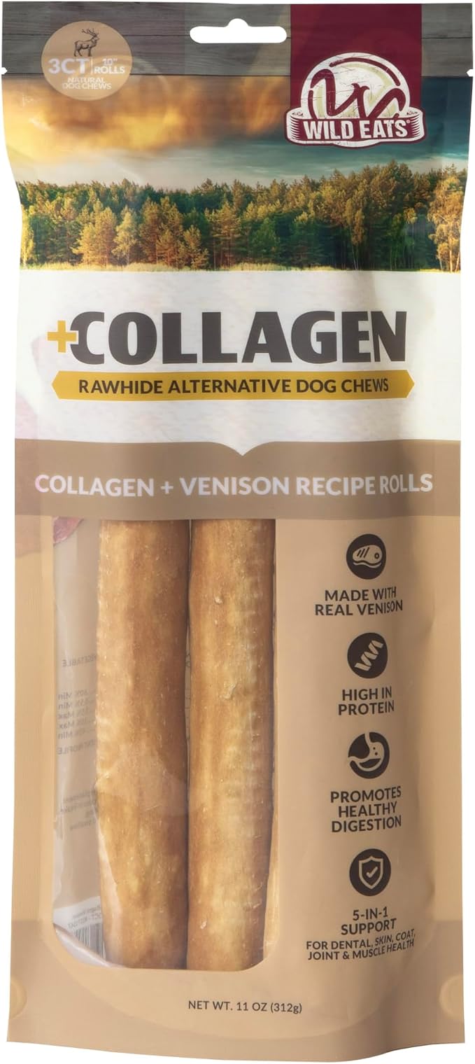 Wild Eats Venison Collagen Cheek Rolls 10" Chews 3pk Pig Ears Substitute | Long lasting treats and bones for medium dogs, retriever style texture, 3 per bag, satisfies natural gnawing urges daily