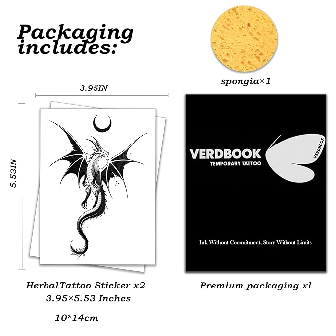 Waterproof Temporary Tattoos: 2-Sheet Tattoo Kit with Realistic Body Stickers, Semi-Permanent Tattoos for Adults Lasting 7-15 Days – Safe for Men & Women, Winged Dragon & Moon Pattern
