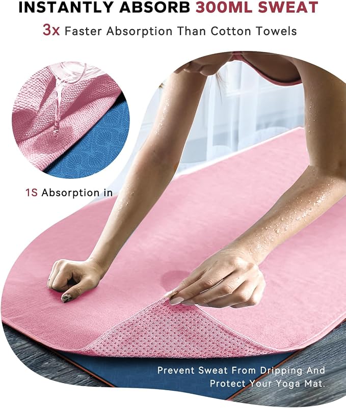 HAPBEAR Hot Yoga Towel with Non-Slip Grip Dots, 72" x 24" - Super Absorbent, Soft Microfiber Yoga Mat Towel for Bikram, Gym, Pilates - Pink