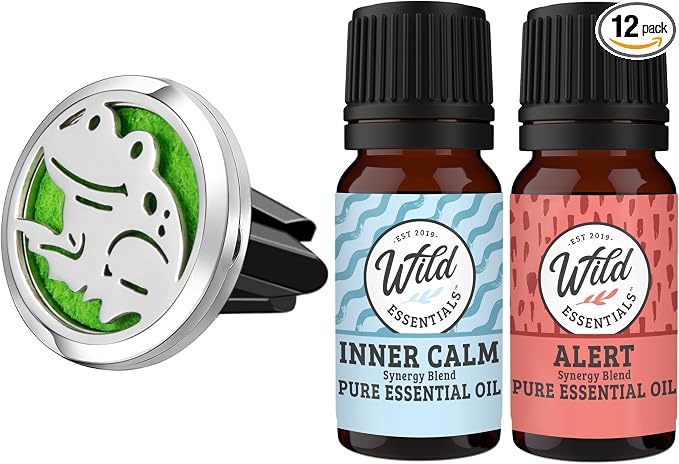 Wild Essentials Happy Frog Essential Oil Car Vent Diffuser Kit – 316L Stainless Steel Locket, Rubber-Coated 4-Way Clip, 8 Color Pads (22mm), 25mm – Includes Alert & Inner Calm (2 x 10ml)