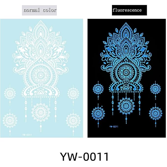 Blue Luminous Henna Tattoo Stickers Glow-in Dark Henna Temporary Decal for Women Flower Sexy Lace Fake Sticker for Halloween Wedding Night Glitter Party Supply