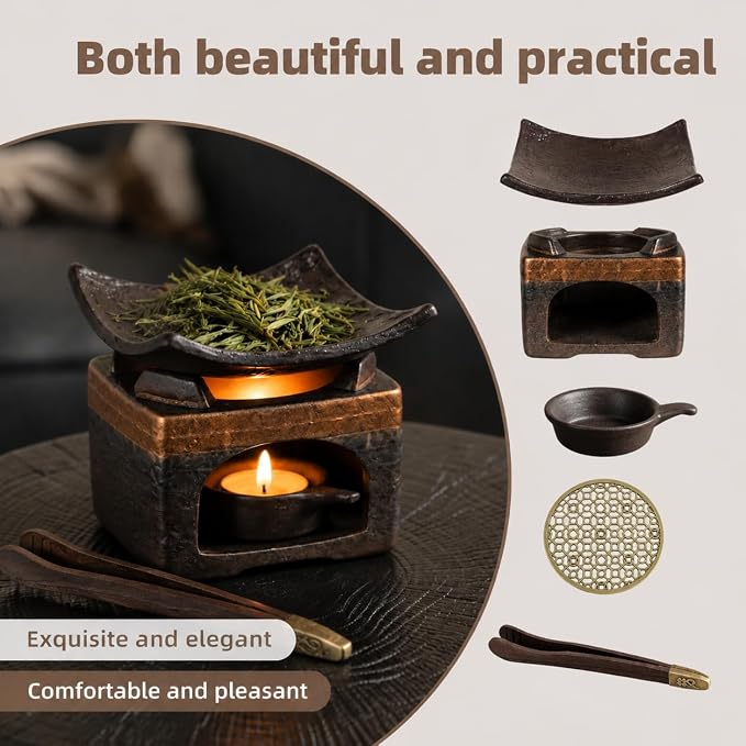 Cedar Aromatherapy Burner & Ceramic Oil Warmer for Home & Office (Heat-Resistant Baking Tray + Eaves Oven + Accessories)