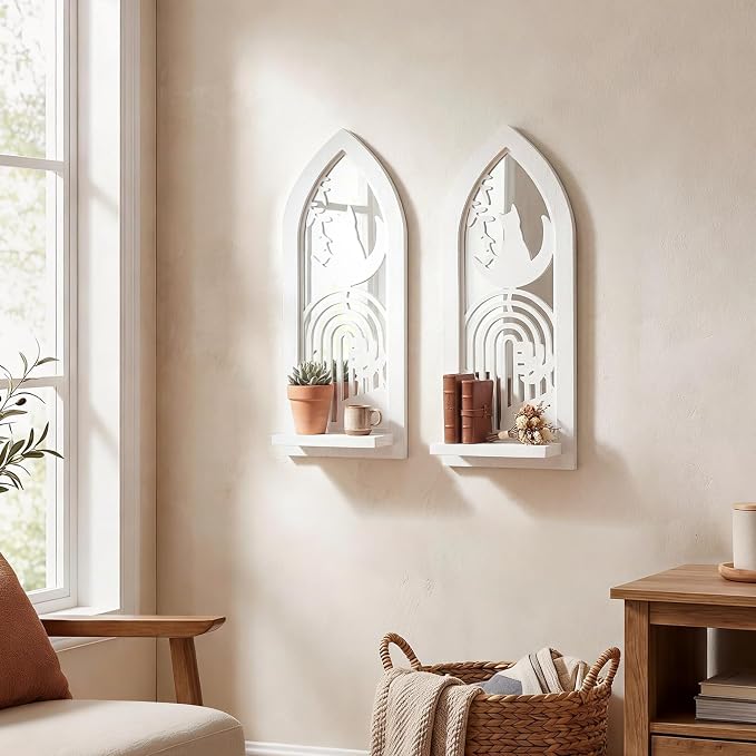ZEXUIRU 2 Set Rustic Candle Sconces Living Room Bedroom Entryway Wood Mirrored, Farmhouse, Carved Frame Wall-Mount Wooden Candle Holders Wall Decor Hanging Handmade Holder - Distressed White