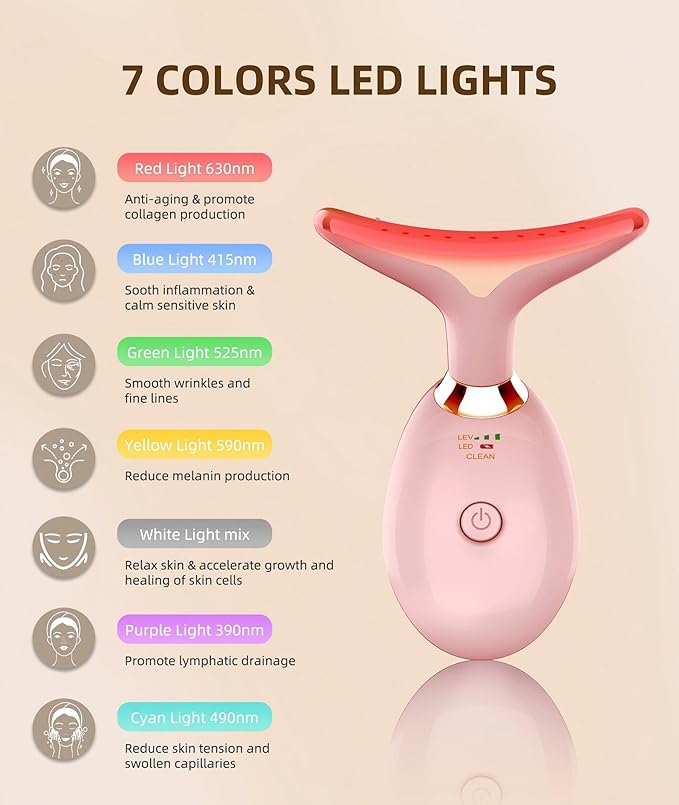 ELISHINE 7 Color Face and Neck Massager Light Therapy, Red Light Based Facial Massager for Skin Care, Firming, Smoothing (Rose Golden)