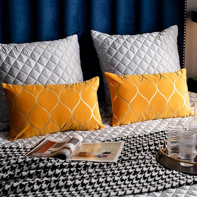 12x20 Inch Gold Velvet Throw Pillow Covers: 2 Pack Rectangular Decorative Pillow Cases for Bedroom Sofa Couch Living Room, Yellow