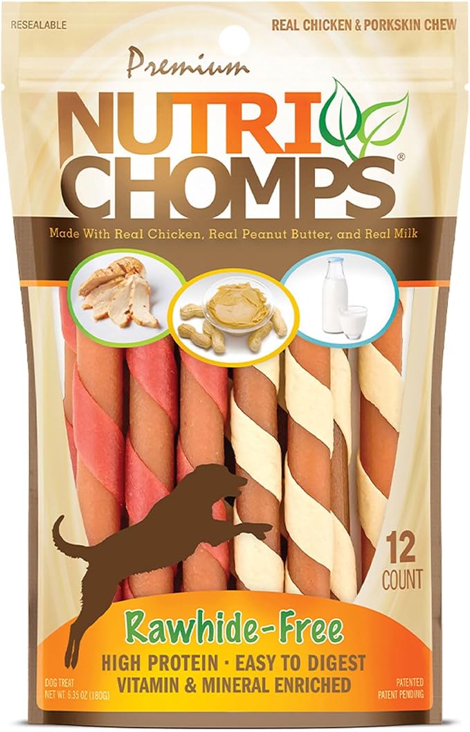 NutriChomps Rawhide Free Dog Chews, Chicken/PB/Milk, 5in Twists, 12ct | Long-lasting chew. High protein, low fat, healthy & delicious treat for dogs.