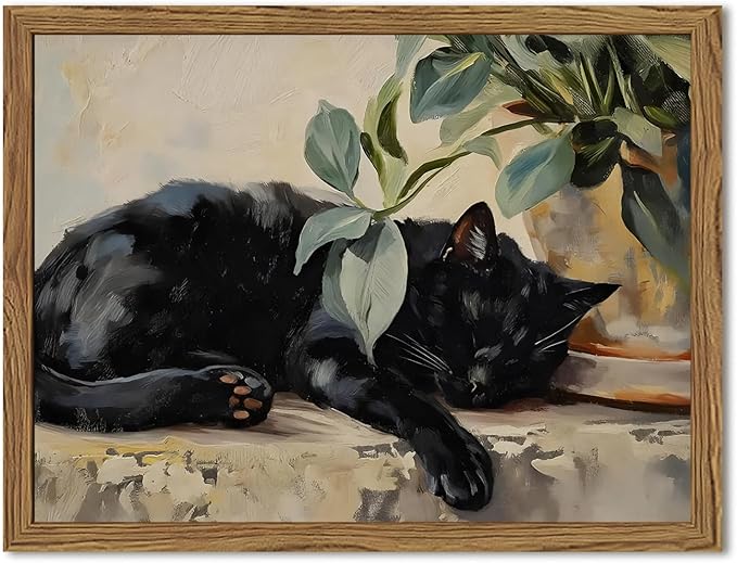 Framed Black Cat Canvas Wall Art, Vintage Sleeping Cat with Plant Picture Wall Decor Paintings, Cute Animal Poster Prints Rustic Aesthetic Home Decor for Living room Bedroom Bathroom 12x16 inch