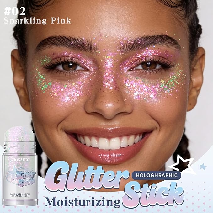 Sparkling Pink Body Glitter Stick, Holographic Fairy Costume Makeup Face Hair Glitter Stick Rave Outfits for Women, Shimmer Face Paint Singer Concert Festival Party Accessories, 1.06 OZ