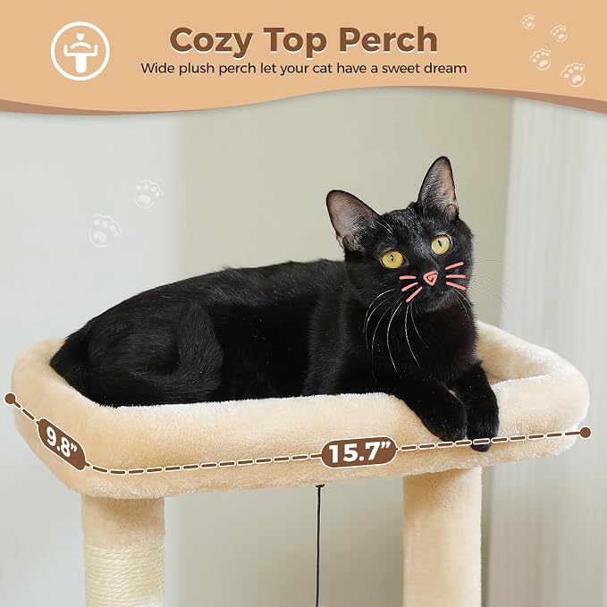 PEQULTI 4-in-1 Cat Tree for Kittens & Small Cats, 33in Beige Tower | Compact 33in cat tower: deep hammock, cozy condo, top perch, sisal post; removable washable cover; wide base for small cats