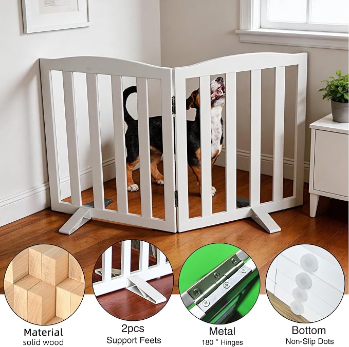 ZJSF Foldable Freestanding Indoor Dog Gate for House Wood White Long Pet Gates Dog Fence for Stairs Puppy Gates for Hallways,Pet Fence, Puppy Gate,Support Feet Included 24 "Height-2 Panels